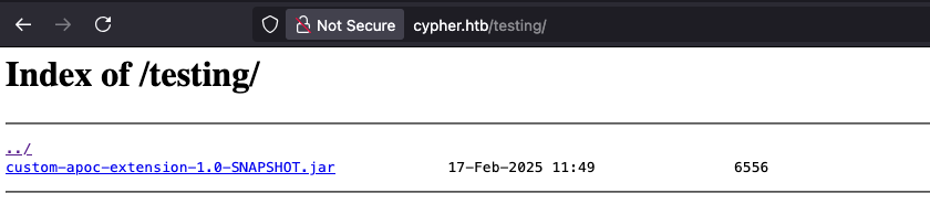 The /testing directory listing, showing the JAR file
