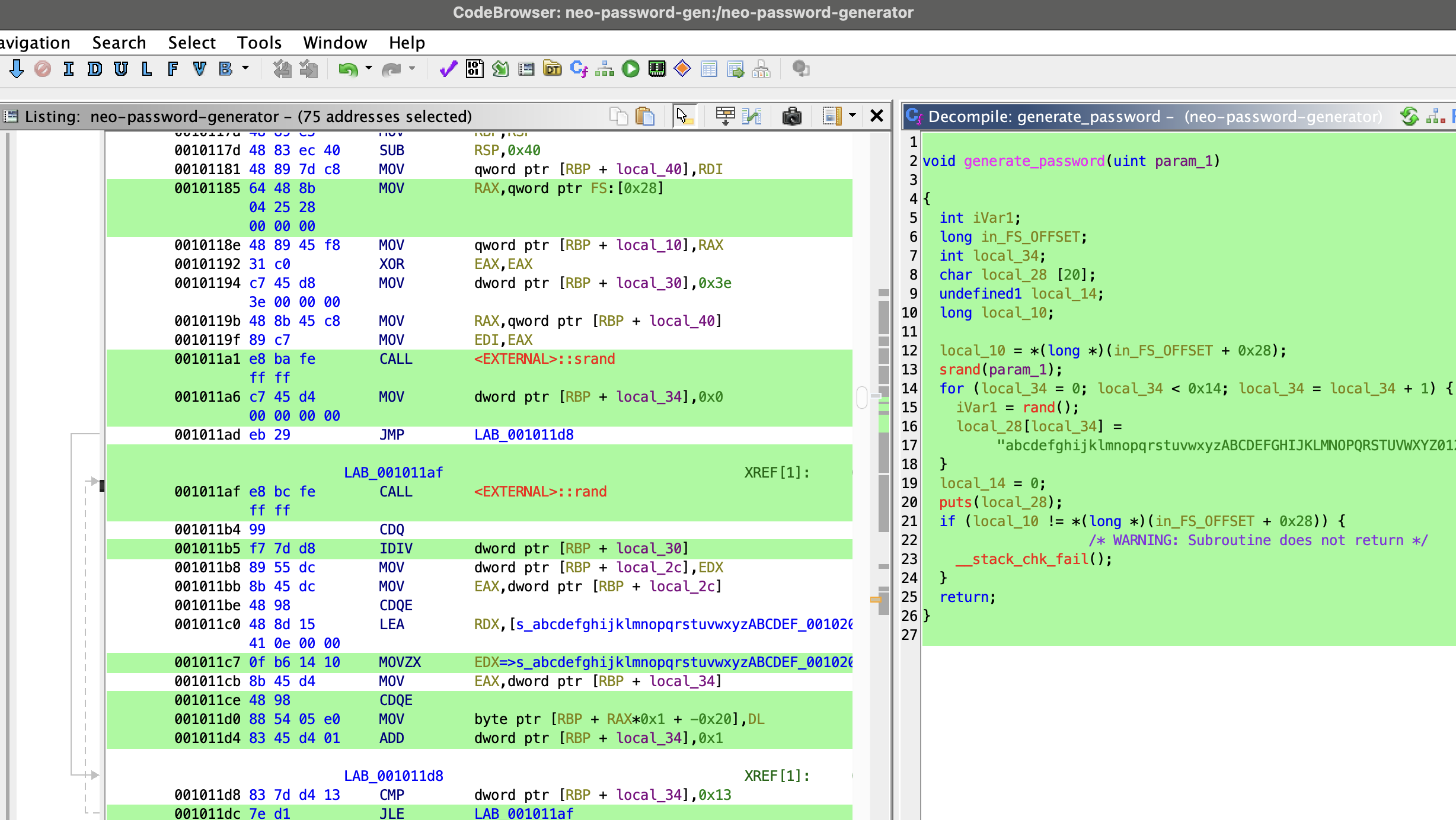 generate_password function Ghidra